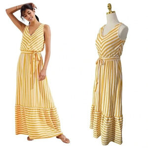 LOFT | Women Mustard/White Striped Chevron Flounce Maxi Dress Size 0P